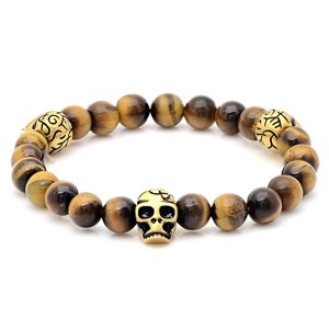 Steeltime Men's stretch tiger eye bracelet w/three 18 kt gold plated skull - 1 of 4