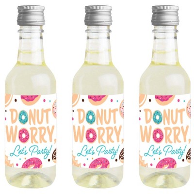 Big Dot of Happiness Donut Worry, Let's Party - Mini Wine & Champagne Bottle Label Stickers - Doughnut Party Favor Gift for Women and Men - Set of 16