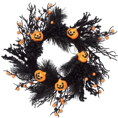 18 Inch Halloween Wreath for Front Door, Pumpkin Wreath Halloween Decorations