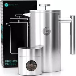 Coffee Gator French Press 34 oz Insulated Coffee Maker with Travel Canister, Silver