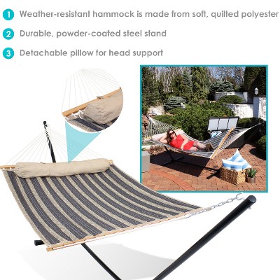Gray and Beige Quilted 2-Person Hammock with Steel Stand