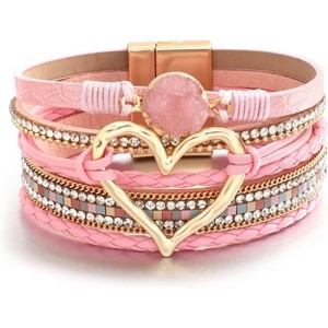 Leather Wrap Bracelet with Heart-Shape Decor & Crystal Beads, Bohemian Cuff Bangle for Women & Girls - 1 of 4