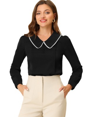 INSPIRE CHIC Women's Peter Pan Collar Crochet Trim Long Sleeve Work Office Blouse