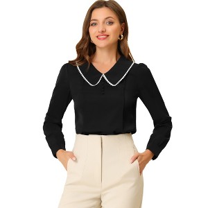 INSPIRE CHIC Women's Peter Pan Collar Crochet Trim Long Sleeve Work Office Blouse - 1 of 4