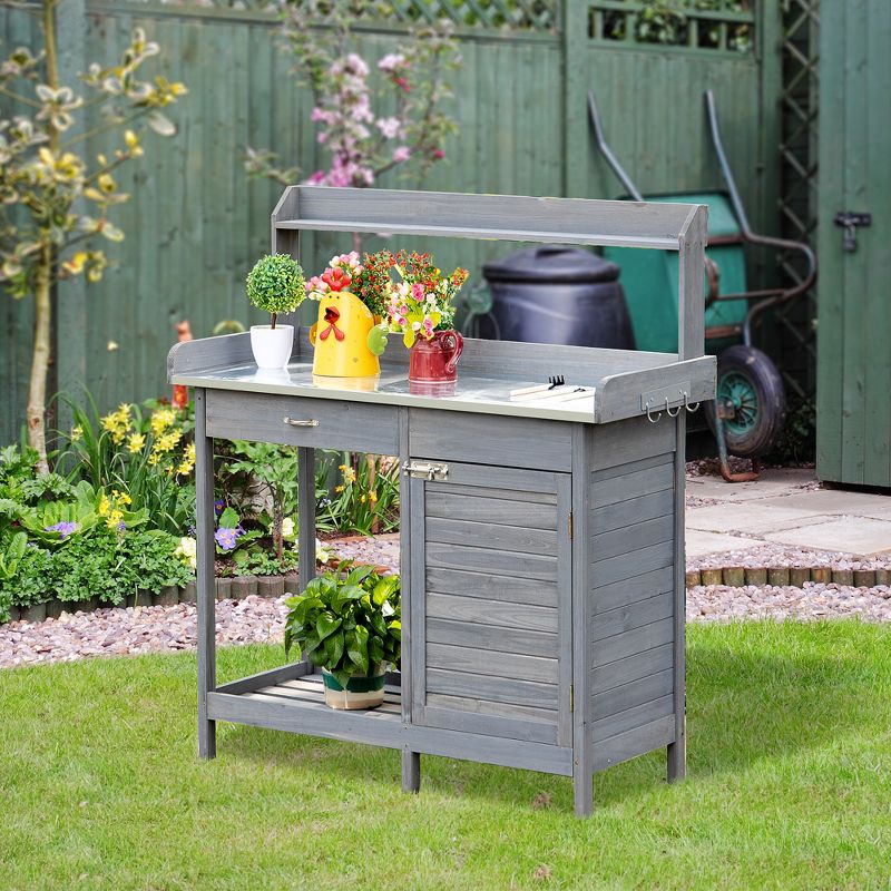 Outsunny Garden Potting Bench Table with Lockable Storage Cabinet and Open Shelf, Outdoor Planting Workstation with Steel Tabletop, 3 of 7
