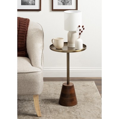 Walnut Brown and Brass Round Side Table with Wood Base