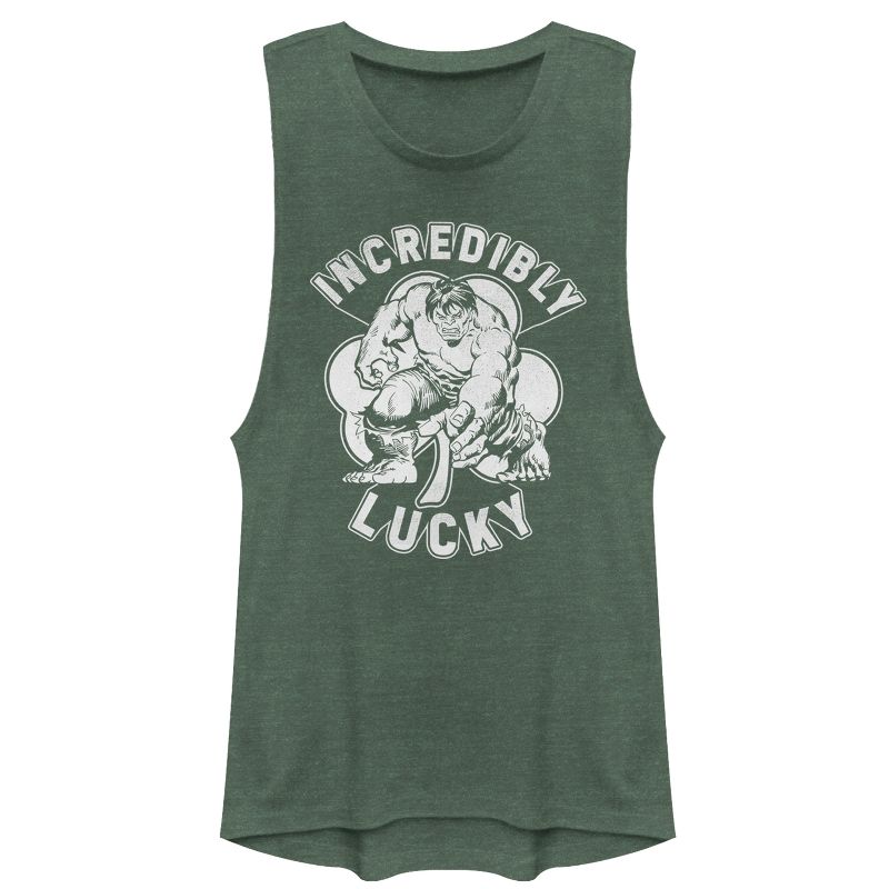 Juniors Womens Marvel St. Patrick's Day Hulk Incredibly Lucky Clover Festival Muscle Tee, 1 of 4