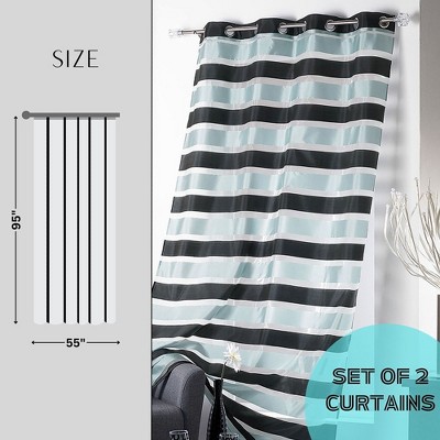 Black and Blue Gray Striped Polyester Sheer Grommet Curtain Panels, 95 x 55 Inches