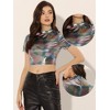 INSPIRE CHIC Women's Party Short Sleeve Mock Neck Holographic Metallic Crop Top - 2 of 4