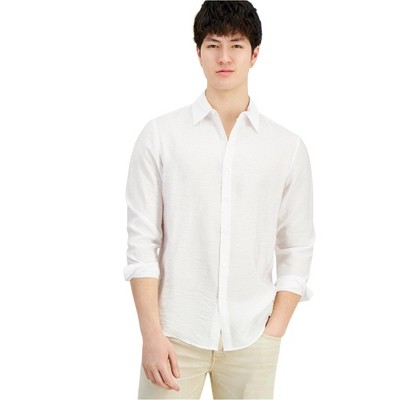 I.N.C International Concepts Mens Crinkled Texture Button Up Shirt, White, Medium