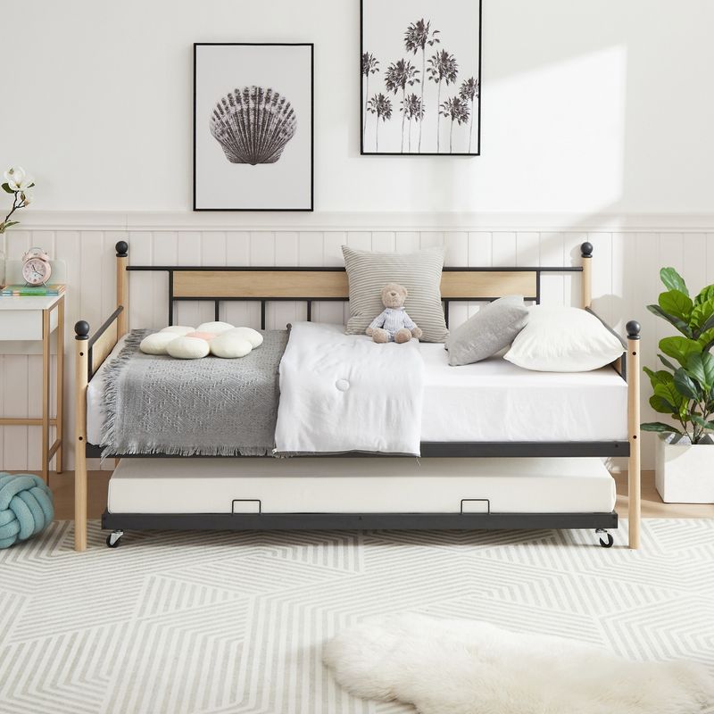Twin Size Daybed, Metal Framed Sofa Bed with Twin Size Trundle Bed-ModernLuxe, 3 of 12