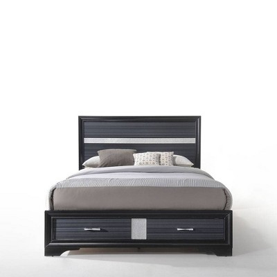 Black Queen Upholstered Bed with Storage Drawers and Slats