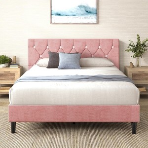 VECELO Queen/Full/Twin Upholstered Platform Bed Frame with Button Tufted Adjustable Headboard - 1 of 4