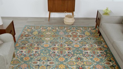 Light Blue Floral Synthetic Rectangular Area Rug 7' x 10'