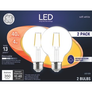 GE 2pk 40W G25 LED Globe Light Bulbs Filament Clear Soft White: 120V E26 Dimmable, Energy Star Certified, 350 Lumens - 1 of 2