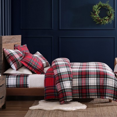 Full Red Cotton Reversible Plaid Duvet Set