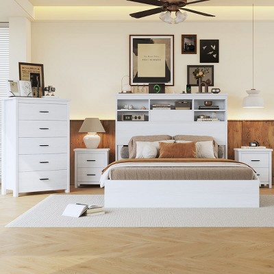 Queen Size Vintage Bedroom Set with  Wood Bed Frame, Storage Headboard with USB, 2 Nightstands and 5-Drawer Dresser-Maison Boucle
