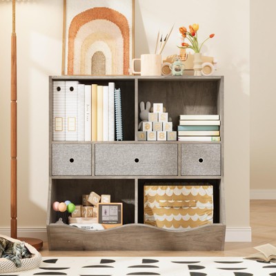 3-Tier Bookshelf with Toy Storage Organizer - Wooden Bookcase Featuring 3 Drawers & Large Cabinet for Playroom, Hallway, Kindergarten, School (gray)