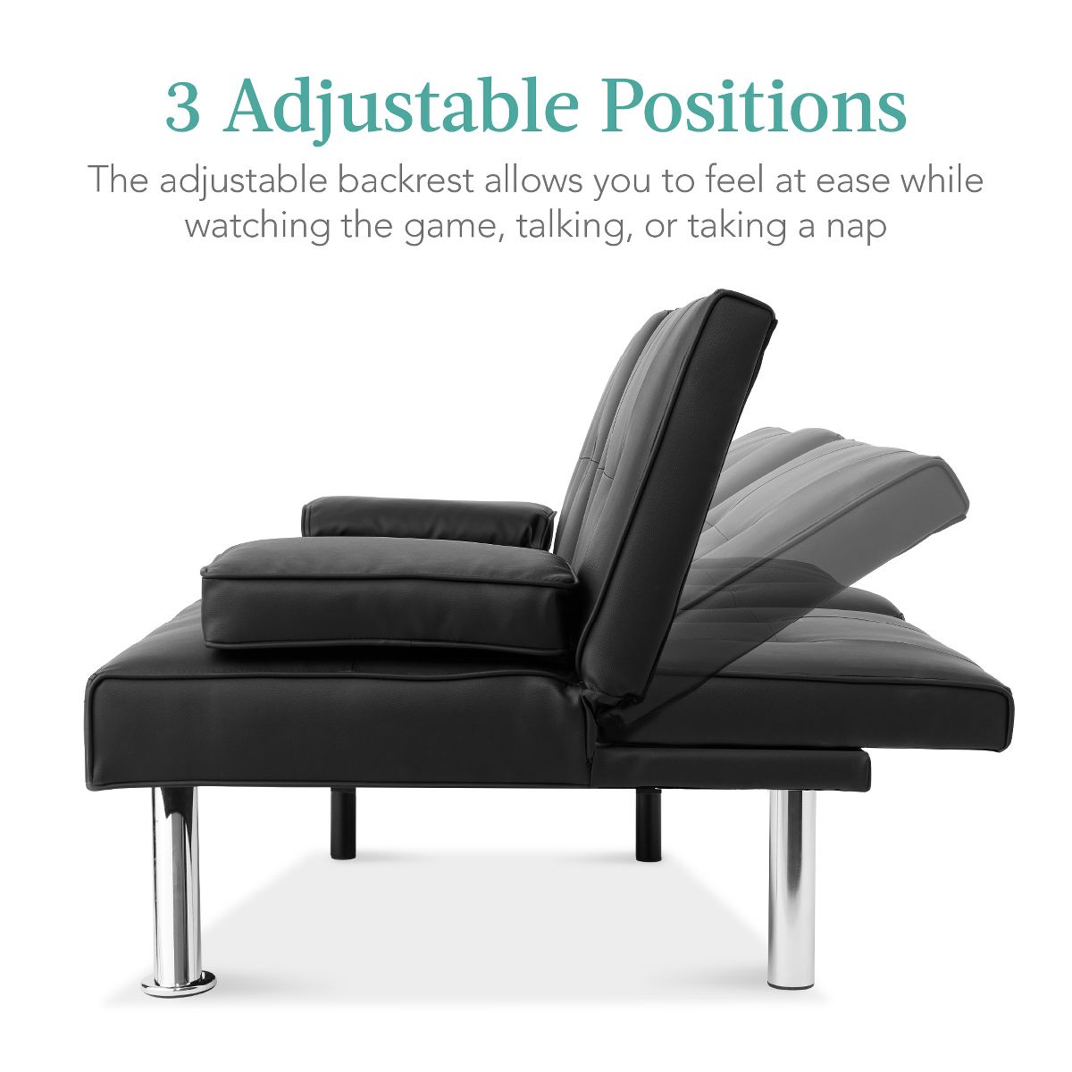 Best Choice Products Modern Faux Leather Convertible Futon Sofa w/ Removable Armrests, 2 Cupholders - Black - thumbnail 2