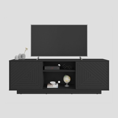 Black Particle Board TV Stand with Chevron Pattern Doors, 63"