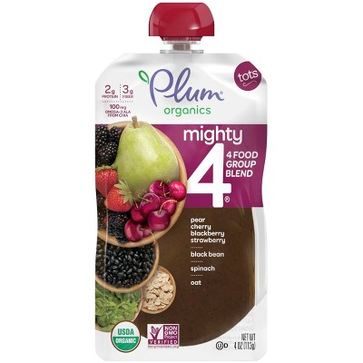 Plum Organics Mighty 4 Blends Pear Cherry Blackberry Strawberry Black Bean Spinach & Oat Baby Snacks - 4oz