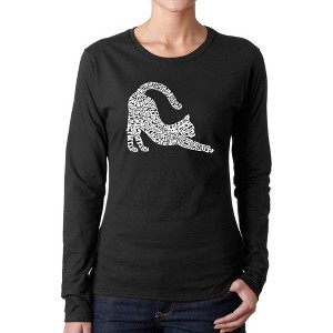 LA Pop Art Stretching Cat - Women's Word Art Long Sleeve T-Shirt - 1 of 4