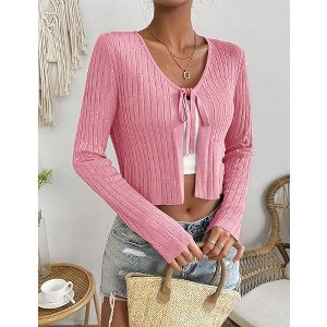 Women's Casual Tie-Front Cardigan - Lightweight Long Sleeve Knit Sweater with Chest Tie Detail - 1 of 4