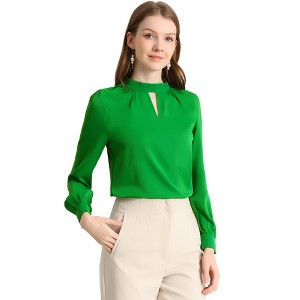 INSPIRE CHIC Women's Office Keyhole Elegant Stand Collar Long Sleeve Back Neck Button Blouse - 1 of 4