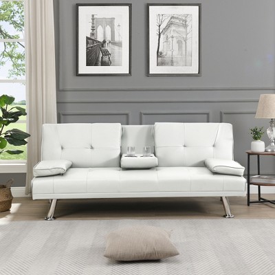 2 seater Convertible Folding Futon Sofa Bed with Metal Legs & 2 Cup Holders, Modern New Upholstered,Removable Armrests for Small Spaces
