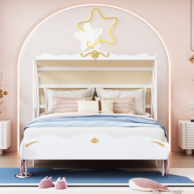 Full/Twin Size Princess Carriage Bed with Canopy, Wood Platform Bed with 3D Carving Pattern, White+Pink-ModernLuxe, 2 of 10