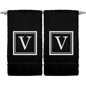 BC BARE COTTON Monogrammed Hand Towel, 100% Turkish Cotton - Set of 2 - Black - White Square - 1 of 4