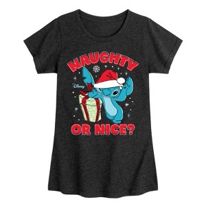 Girls' - Lilo and Stitch - Naughty Or Nice Christmas Fitted Short Sleeve Graphic T-Shirt - 1 of 4
