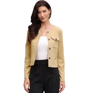 INSPIRE CHIC Women's Button Down Collarless Long Sleeve Round Neck Casual Business Cropped Jacket - 1 of 4