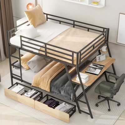 LOVMOR Full over Full Bunk Bed with Built-in Desk, Metal Bedframe w/ Light and 2 Drawers Literas w/ High Guardrail, for Home, Guest Room