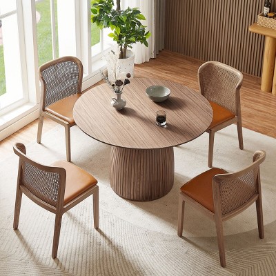 47" Modern Country Faux Solid Wood Dining Table,4-6 Seater Table With Walnut Wood Tabletop,Wooden Round Kitchen Dining Table-Coolbibila