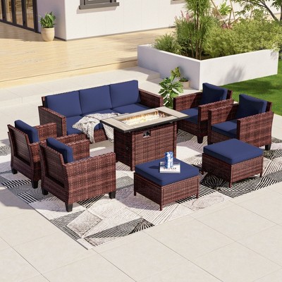 Sonkuki 8 Pieces Patio Sofa with Rectangle Fire Pit Table and Ottomans, Wicker Conversation Couch, Light Gray Cushion
