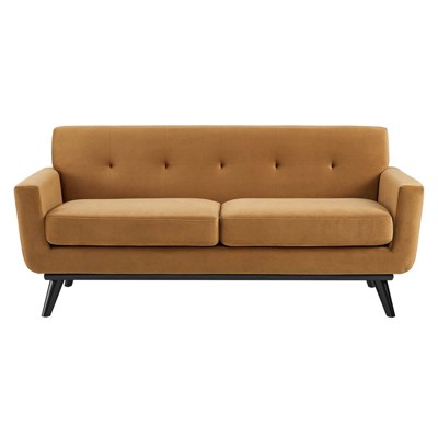 Cognac Velvet Tufted Loveseat with Black Wood Legs