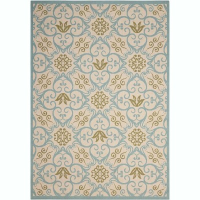 Ivory and Blue Floral Synthetic 9'3" x 12'9" Round Area Rug