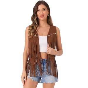 INSPIRE CHIC Women's 70s Western Open Front Faux Suede Fringe Vest - 1 of 4
