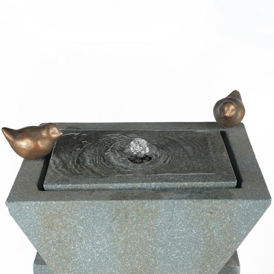 Patina Gray Resin Pillar Fountain with Bronze Birds and LED Lights