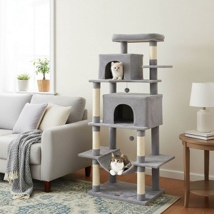 Costway 70” Large Cat Tree for Indoor Cats with Plush Top Perch, Dual large Condos, Hammock Light Gray/Dark Gray/Beige - 1 of 4
