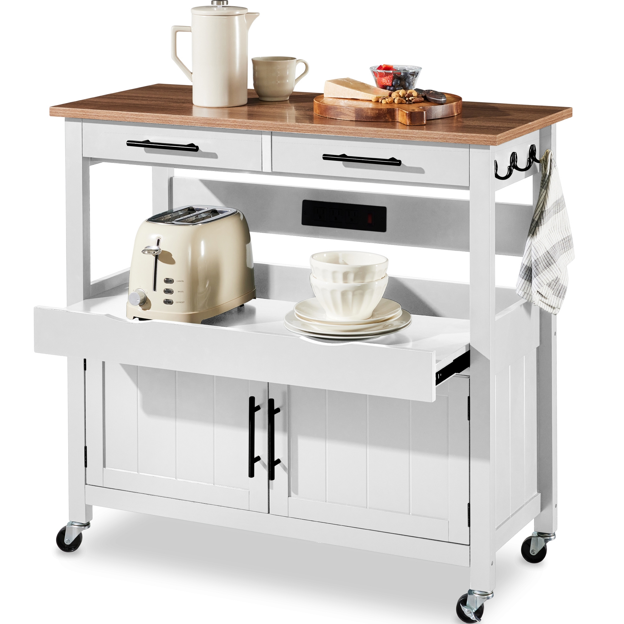 Best Choice Products 36in Large Rolling Kitchen Island Cart, 2-Door Cabinet, Outlet, Hooks, & Wheels - White
