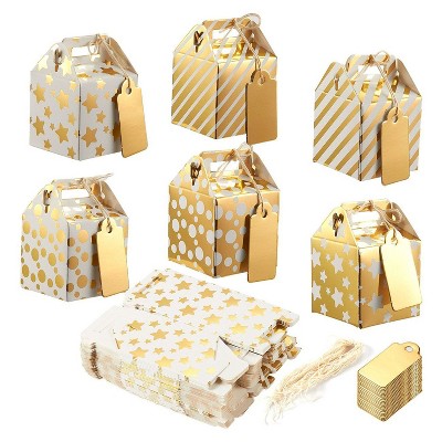 36 Paper Treat Boxes with Tags for Party Favor Goodie Gift, Bright Golden, 2x2x2