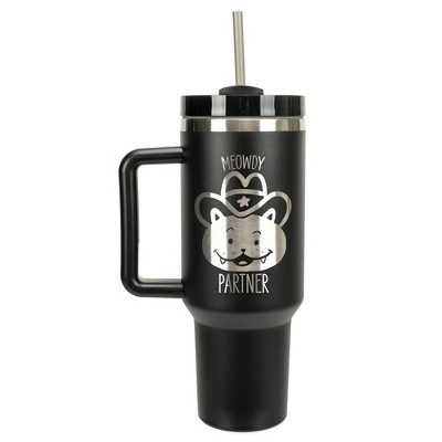 100 North Meowdy Partner Kitty Cat Cowboy Wrap-Around 40 Oz. Stainless Steel Water Bottle Coffee Mug, Spill & Leak Resistant, Travel Tumbler with