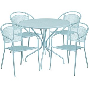 Emma and Oliver Commercial 35.25" Round Metal Garden Patio Table Set w/ 4 Round Back Chairs - 1 of 4