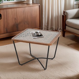 Hrinhom 23.6"W Modern Square Coffee Table ,Wood Side Table With Glass Top,Metal Legs - 1 of 4