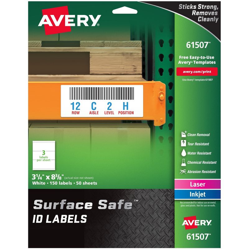 Avery Labels Removable Surface Safe 3-1/4"x8-3/8" 150/PK WE 61507, 1 of 2