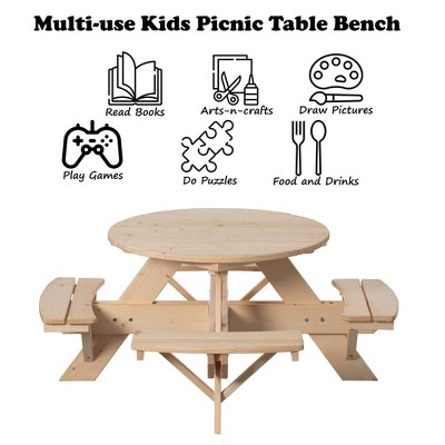 Natural Wood Round Kids Picnic Table with Benches
