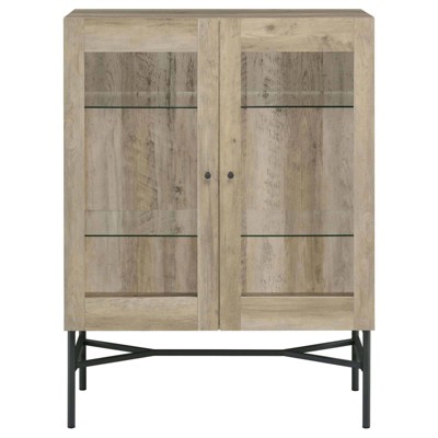 Light Brown Pine 2-Door Glass Display Cabinet