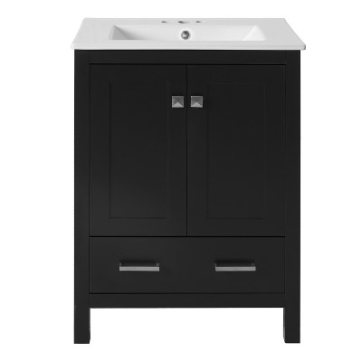 Vynxaria 24-Inch Bathroom Vanity - Integrated Undermount Ceramic Sink, 2 Soft-Close Doors (Double-Layer Shelves), 1 Divider Drawer£¬ Black